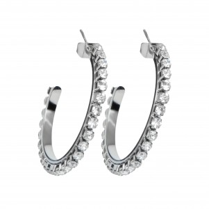 Earrings, women, medium size, hoops, ,3Χ3 cm, from stainless steel, with cubic zirconia ,silverline, 0130550501,