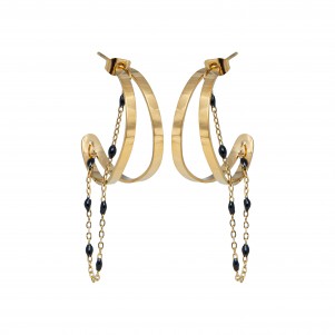 Earrings for women, medium size hoops,made from stainless steel, with yellow gold plating, black stones, & butterfly closure, silverline, 0130551701,