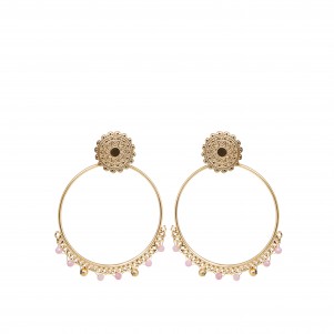 Earrings for women, big size hoops, 5cm height, 3,6cm diameter, made from stainless steel, with yellow gold plating, rhodonite stones, & butterfly closure, silverline, 0130551801,