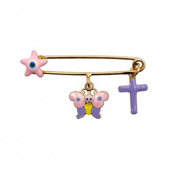 Παραμάνα, καρφίτσα ασημένια με σμάλτο για νεογέννητα μωρά, με κ΄΄ιτρινο επιχρύσωμα, φυλαχτό, γούρι, για κοριτσάκι, με σταυρό, μάτι βασκανίας & πεταλούδα, για κορίτσια, woofie, 0730142202