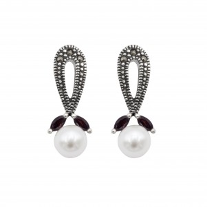 silverline, women, silver, earrings, with marcasite stones, pearl, red & white cubic, zirconia