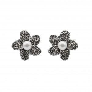 silverline,women, silver, earrings, with, pearls, flowers, marcasite, &, white, rhodium, plating,