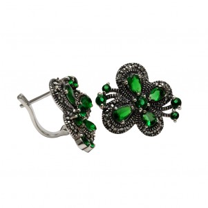 silverline,silver, women, oxidated, earrings, with, marcasite, stones, &, green, cubic, zirconia,