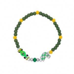 woofie, Silver Kids Bracelet for boys with synthetic green beads, enamel, racing car &amp; flag