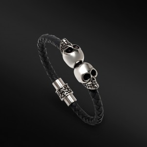 TRIBUTE, stainless, steel, bracelet, for, men, with, grey, leather, skull, &, black, plating,