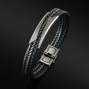 TRIBUTE, stainless, steel, bracelet, for, men, with, black, leather, chain, &, black, plating,