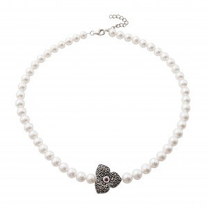 silverline, women, silver, necklace, with, flower, pearls, marcasite, cubic, zirconia, &, white, rhodium, plating,