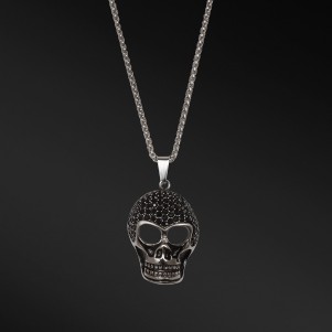 TRIBUTE, unisex, stainless, steel, necklace, with, skull, black, cubic, zirconia, &, black, plating,