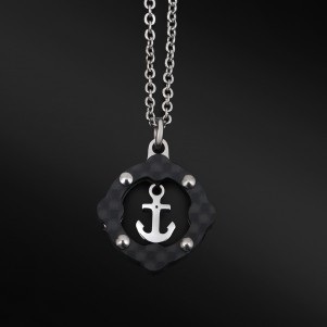 TRIBUTE, stainless, steel, necklace, for, men, with, anchor, carbon, fiber, &, black, plating,