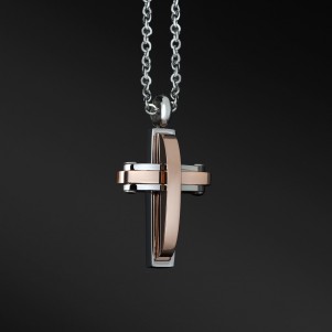 TRIBUTE, stainless, steel, necklace, for, men, with, cross, &, rose, gold, plating,