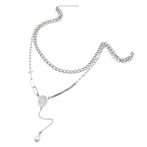 silverline,  stainless steel , rosary, woman, necklace, with, pearl, 45cm,