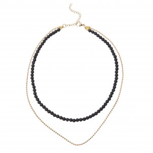 silverline, women,double, layering, stainless steel necklace with lava, volcanic stones, ball chain in yellow gold plating, 40cm long plus extention chain 7cm.