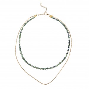 silverline, women, double, layering, stainless steel necklace with water grass green stones, ball chain in yellow gold plating, 40cm long plus extension chain 7cm.