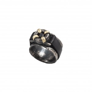 TRIBUTE, sterling, silver, ring, for, men, yellow, Κ18, gold, with, black, diamond, 0.25, ct, leather, and, black, rhodium,