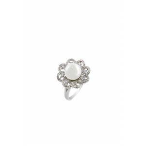 silverline, 925 silver, women ring with cubic zirconia, pearl, & white rhodium plating, nickel free