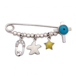 Woofie, Kids, 925, silver brooch, for good luck to new born babyboy, rhodium plated nickel free with enamel, cubic cz, evil eye, cross &amp; hanging charms such as brooch, see star &amp; star