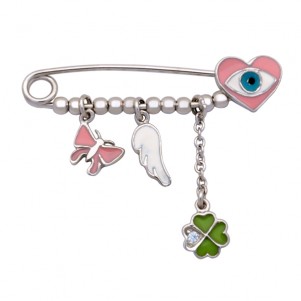 Woofie, kids, 925 silver brooch, for good luck to newborn babygirl , rhodium plated nickel free with enamel, cubic cz, evil eye, heart &amp; hanging charms such as butterfly, 4leaf clove &amp; feather