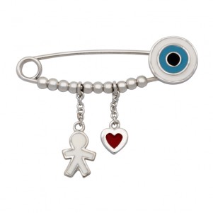 Woofie, 925 silver, kids, brooch, for good luck to new born babyboy, rhodium plated nickel free with enamel, evil eye, & hanging charms such as heart& little boy