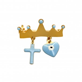 woofie, ασημένια, παιδική, καρφίτσα για νεογέννητα αγόρια με σμάλτο, "σταυρό", "καρδιά", "μάτι βασκανίας", "κορώνα", επιπλατινωμένη ή επιχρυσωμένη-07301411022