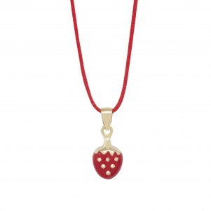 Woofie, 925,silver, kids, set, for, girls, having, ,a, necklace, with ,adjustable, red, cotton, macrame, string, & , stud, earrings, in,strawberry, design, &, yellow, gold, plating,